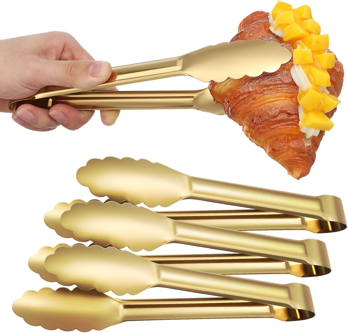 4 Pack Gold Serving Tongs 9 Inch – Stainless Steel Flower Edge Dessert Tongs