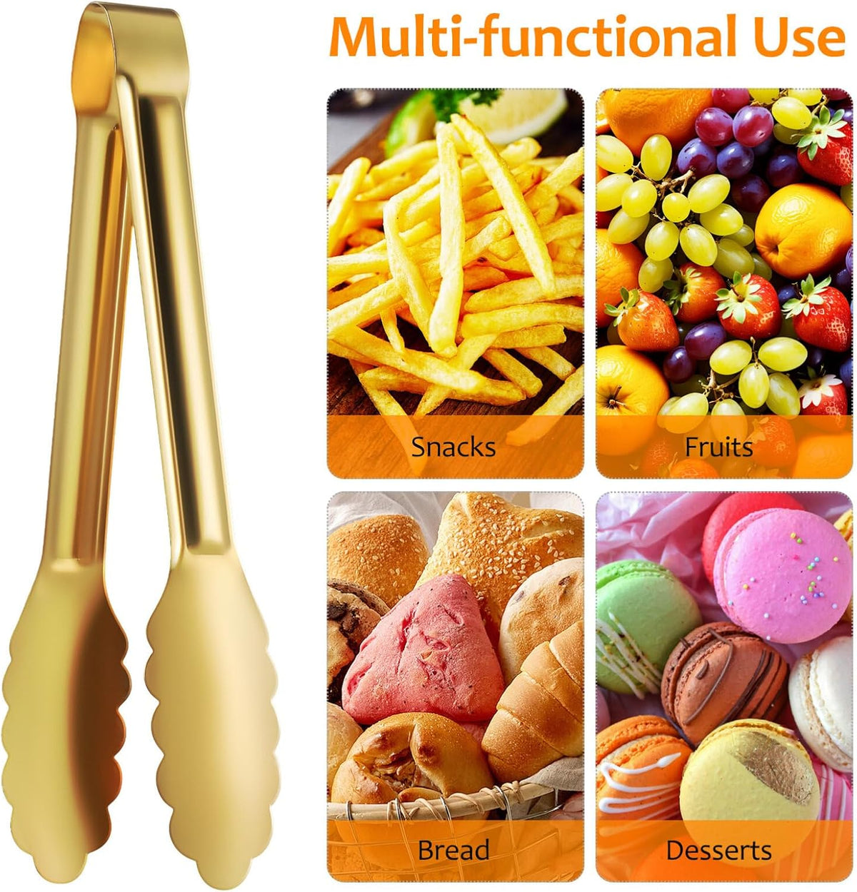 4 Pack Gold Serving Tongs 9 Inch – Stainless Steel Flower Edge Dessert Tongs