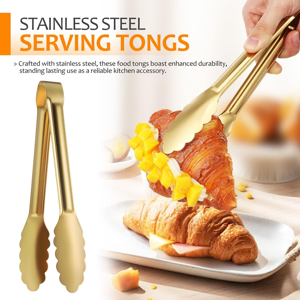 4 Pack Gold Serving Tongs 9 Inch – Stainless Steel Flower Edge Dessert Tongs