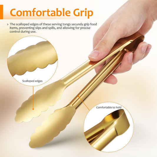 4 Pack Gold Serving Tongs 9 Inch – Stainless Steel Flower Edge Dessert Tongs