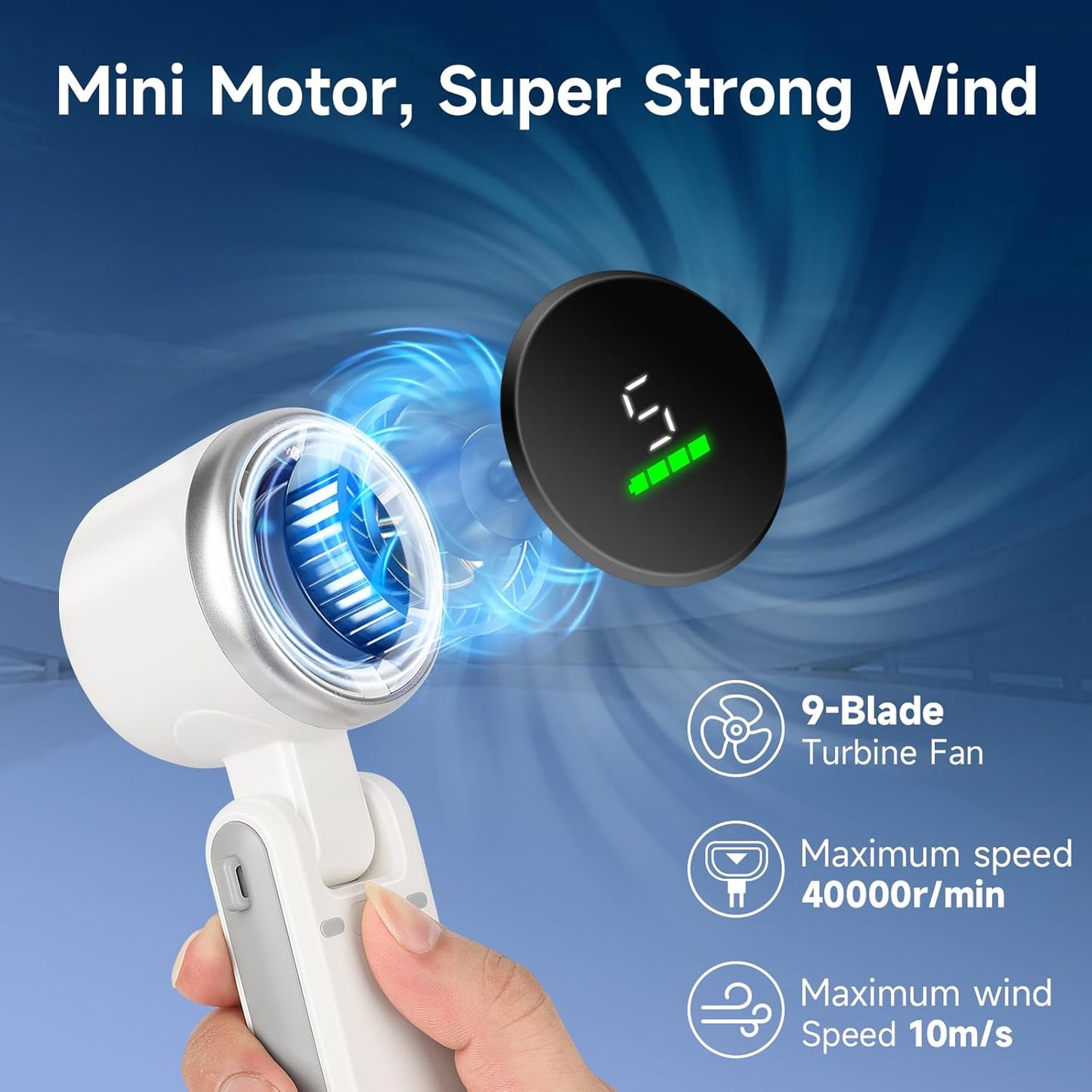 Portable Handheld Turbo Fan – 5-Speed Rechargeable Mini Fan with LED Display