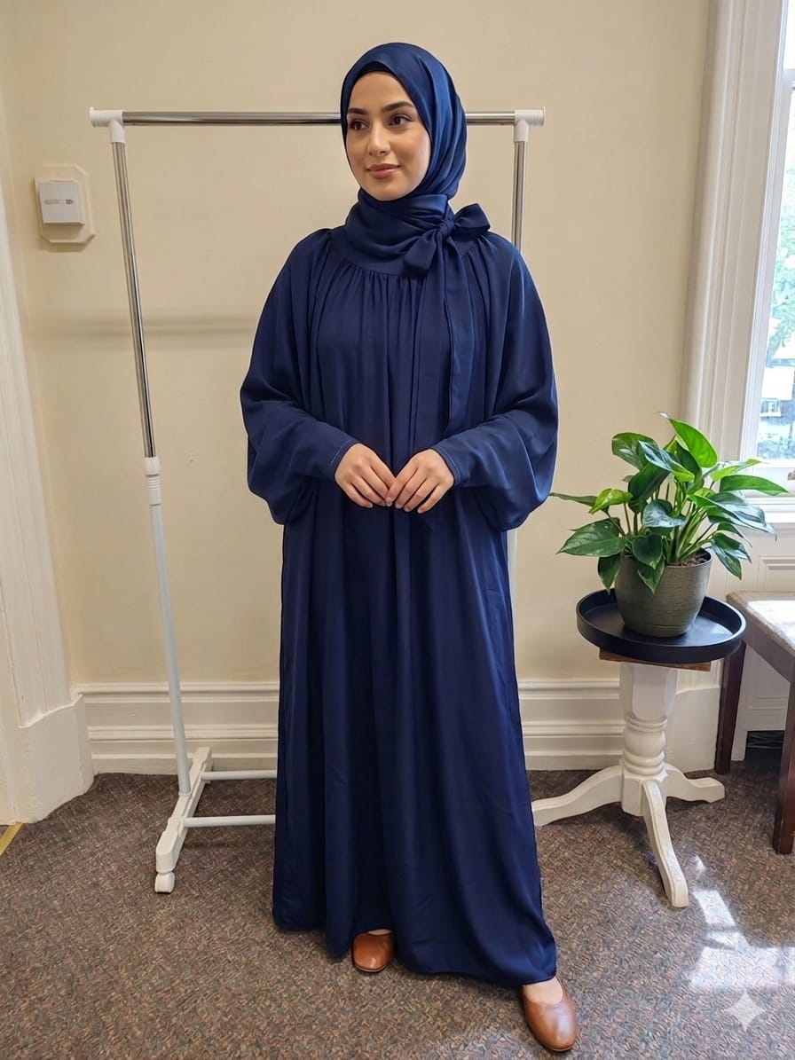 Navy Blue Gathered Abaya with Tie-Neck Detail – Elegant Modest Maxi Dress
