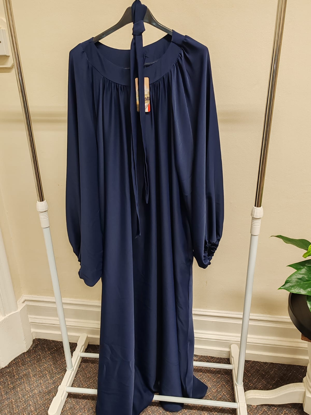 Navy Blue Gathered Abaya with Tie-Neck Detail – Elegant Modest Maxi Dress