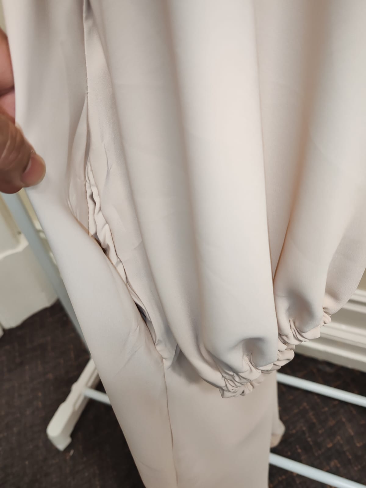 Abaya Dress Cream Beige – Gathered Tie-Neck Elegant Modest Maxi Abaya